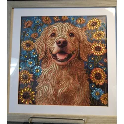 Golden Retriever Sunflowers 12x12 Framed Rhinestone Art