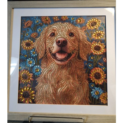 Golden Retriever Sunflowers 12x12 Framed Rhinestone Art