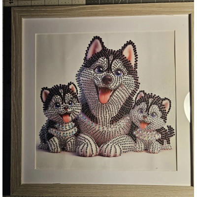 Husky and Puppies 12x12 Framed Rhinestone Art