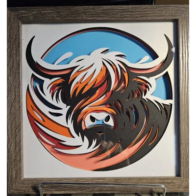 Modern Highland Wooly Cow 8x8 3D Shadow Box Art