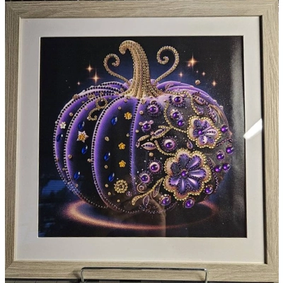 Purple and Gold Pumpkin 12x12 Framed Rhinestone Art