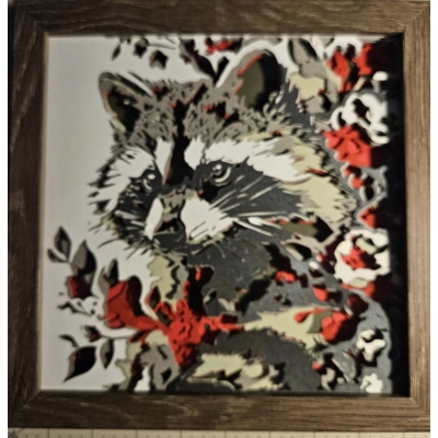 Raccoon with Flowers 8x8 3D Shadow Box Art Raccoon with Flowers 8x8 3D Shadow Box Art
