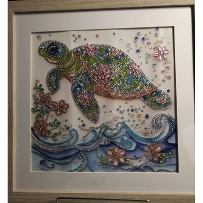 Sea Turtle With Flowers 12x12 Framed Rhinestone Art