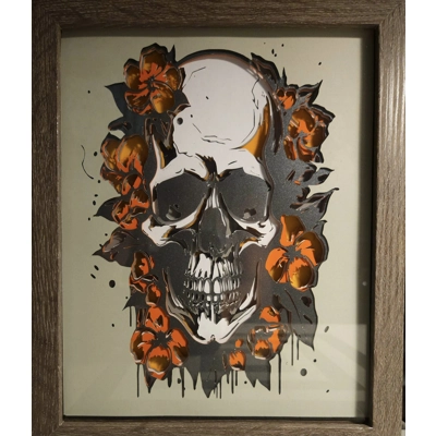 Skull Orange Flowers 8x10 3D Shadow Box Art Skull Orange Flowers 8x10 3D Shadow Box Art