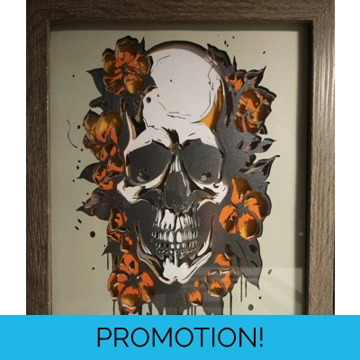Skull Orange Flowers 8x10 3D Shadow Box Art Skull Orange Flowers 8x10 3D Shadow Box Art