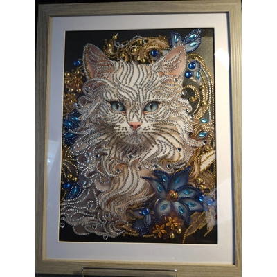 White Cat 12x16 Framed Rhinestone Art