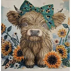 Highland Wooly Cow w/ Sunflowers 12x12 Framed Rhinestone Art
