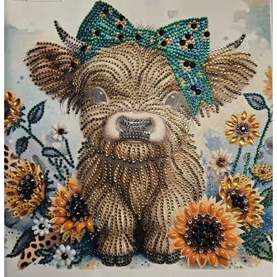 Highland Wooly Cow w/ Sunflowers 12x12 Framed Rhinestone Art