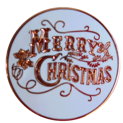WHITE WITH COPPER LETTERING "MERRY CHRISTMAS" 1" LAPEL PINS WHITE WITH COPPER LETTERING "MERRY CHRISTMAS" 1" LAPEL PINS