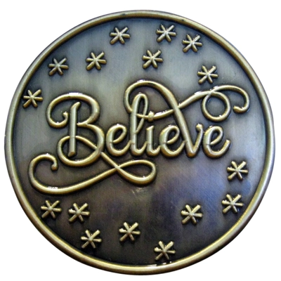 1 3/4" ANTIQUE GOLD PLATED "BELIEVE" BROOCH