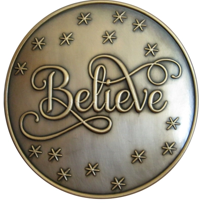 5 1/2" ANTIQUE GOLD "BELIEVE" BUCKLE- FITS A 4" BELT 5 1/2" ANTIQUE GOLD "BELIEVE" BUCKLE- FITS A 4" BELT