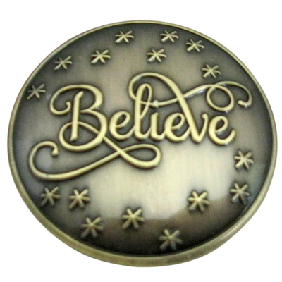 "BELIEVE" COMBO SET - 4" BELT, ANTIQUE GOLD BUCKLE, 5 PC. ANTIQUE GOLD BUTTONS, AND 1 3/4" ANTIQUE GOLD BROOCH