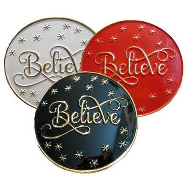 "BELIEVE" 5 1/2" BUCKLES WITH RED,BLACK OR WHITE RESIN BACKGROUND