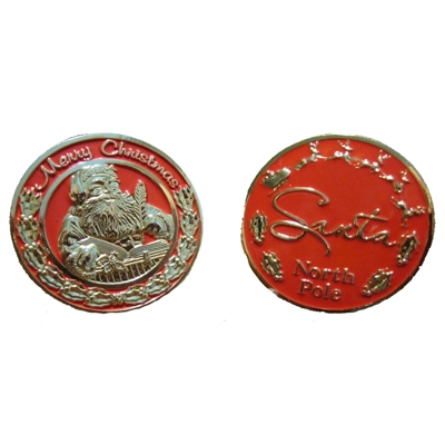 1 1/2" SOLID BRASS / GOLD PLATED AND RED RESIN BACKGROUND "SANTA" CHALLENGE COINS 1 1/2" SOLID BRASS / GOLD PLATED AND RED RESIN BACKGROUND "SANTA" CHALLENGE COINS