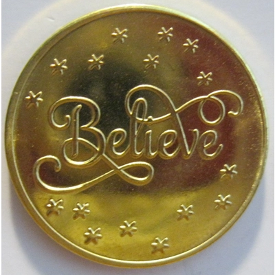 100 "BELIEVE" SOLID COPPER 30MM GIVE -A- WAY COINS.