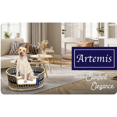 Artemis Handcrafted Natural Seagrass Dog Bed - Navy Blue Design