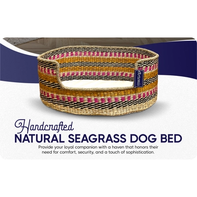 Artemis Handcrafted Natural Seagrass Dog Bed - Pink Yellow Design