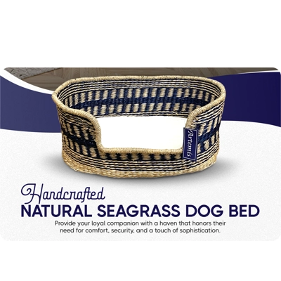Artemis Handcrafted Natural Seagrass Dog Bed - Navy Blue Design