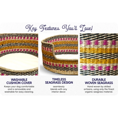 Artemis Handcrafted Natural Seagrass Dog Bed - Pink Yellow Design