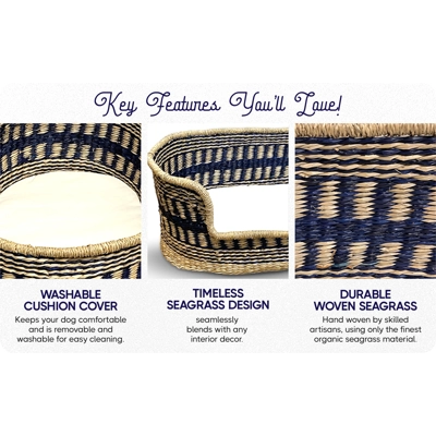 Artemis Handcrafted Natural Seagrass Dog Bed - Navy Blue Design