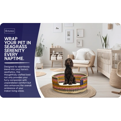 Artemis Handcrafted Natural Seagrass Dog Bed - Pink Yellow Design