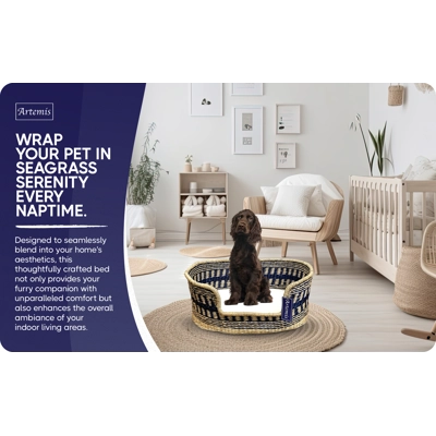 Artemis Handcrafted Natural Seagrass Dog Bed - Navy Blue Design