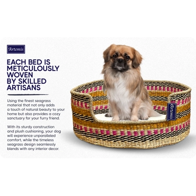 Artemis Handcrafted Natural Seagrass Dog Bed - Pink Yellow Design