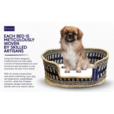 Artemis Handcrafted Natural Seagrass Dog Bed - Navy Blue Design