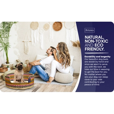 Artemis Handcrafted Natural Seagrass Dog Bed - Pink Yellow Design