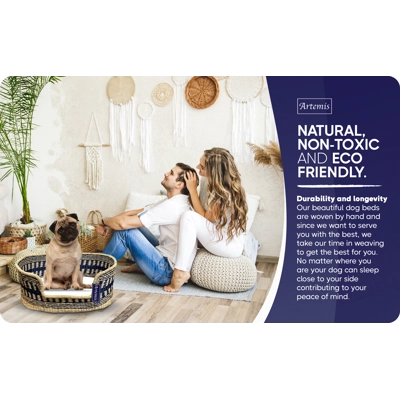 Artemis Handcrafted Natural Seagrass Dog Bed - Navy Blue Design