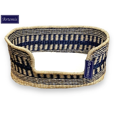 Artemis Handcrafted Natural Seagrass Dog Bed - Navy Blue Design