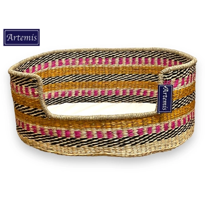 Artemis Handcrafted Natural Seagrass Dog Bed - Pink Yellow Design