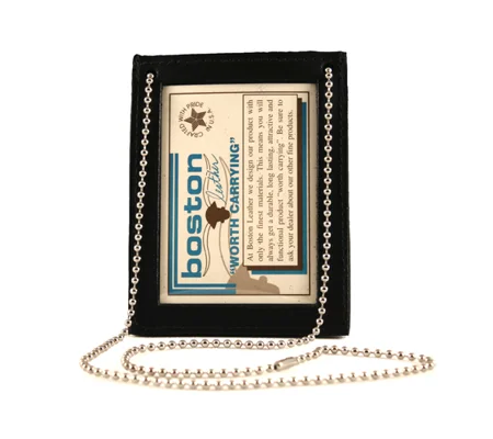 Leather Double ID Neck Chain Holder Black