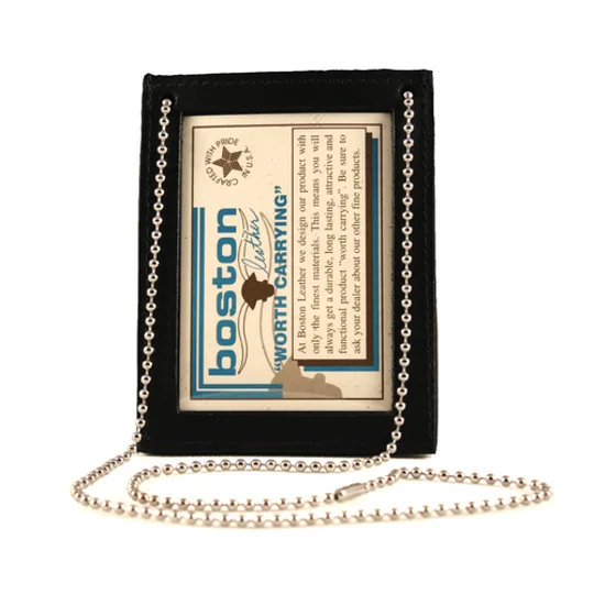 Leather Double ID Neck Chain Holder Black