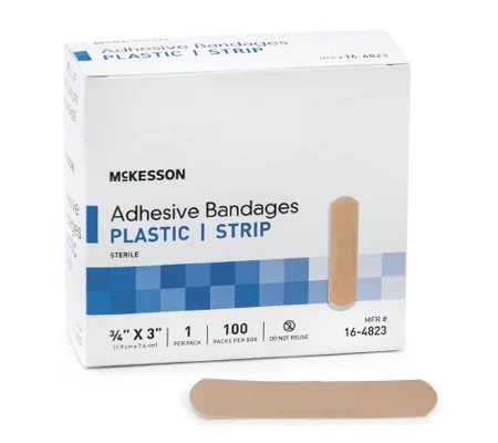 Adhesive Strip 3/4 X 3 Inch Plastic Rectangle Tan Sterile 100 pack