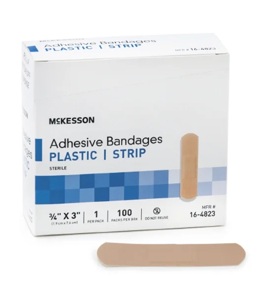 Adhesive Strip 3/4 X 3 Inch Plastic Rectangle Tan Sterile 100 pack