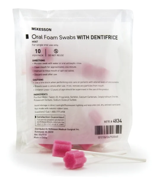Oral Swabstick Foam Tip Dentifrice 10 Pack