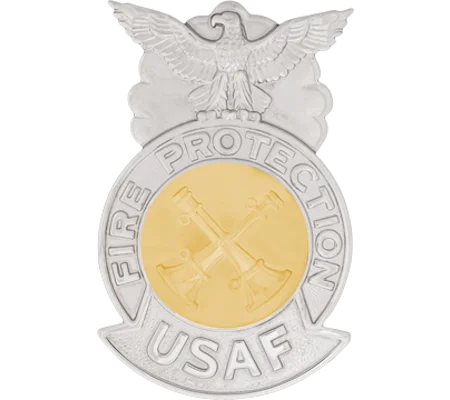 USAF Air Force Firefighter Shield Badge Silver 2 Bugles Crossed