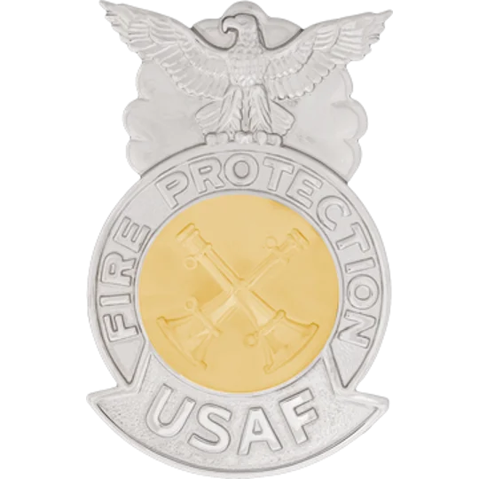 USAF Air Force Firefighter Shield Badge Silver 2 Bugles Crossed