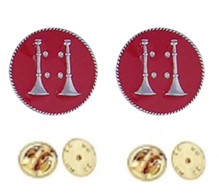 Collar Pins Bugles Disc 2 Bugles Side by Side Silver Captain Red