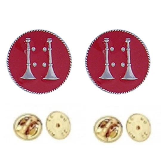 Collar Pins Bugles Disc 2 Bugles Side by Side Silver Captain Red