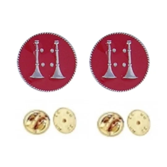Collar Pins Bugles Disc 2 Bugles Side by Side Silver Captain Red