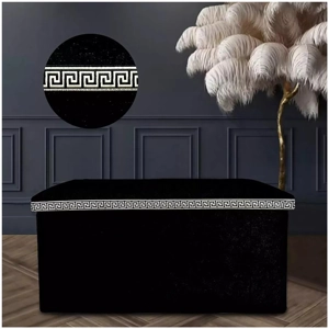 Greek Key Crushed Velvet Ottoman Black