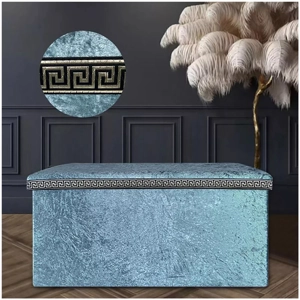Greek Key Crushed Velvet Ottoman Blue