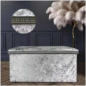Greek Key Crushed Velvet Ottoman Silver