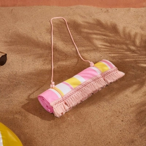 Fringed Beach Towel Roll Stripe Blush