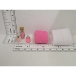Dolls House Towels Pink White with Bath Salts Bottle and Ornament Jars Miniature Bathroom 1:12 Scale