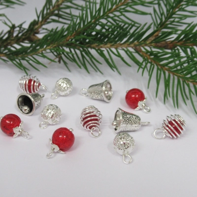 Dolls House Christmas Tree Decorations 12 Red & Silver Miniature Baubles and Bells 1:12 Scale