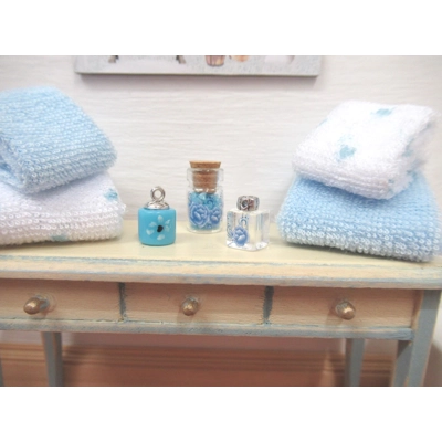 Dolls House Towels Blue White with Bath Bottle and Ornament Jars Bathroom Miniature 1:12th Scale