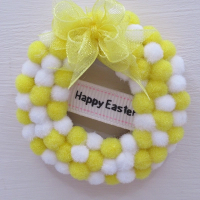 Dolls House Wreath Happy Easter Yellow and White Pom Pom Miniature Decoration 1:12th Scale